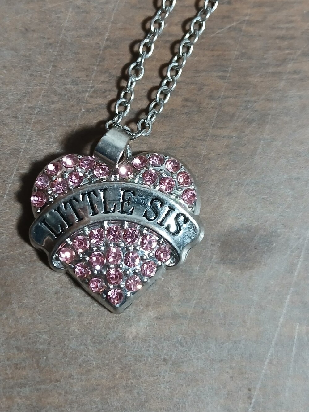 Little Sis Necklace Pink Rhinestones Heart on Silvertone Chain Jewelry Gift